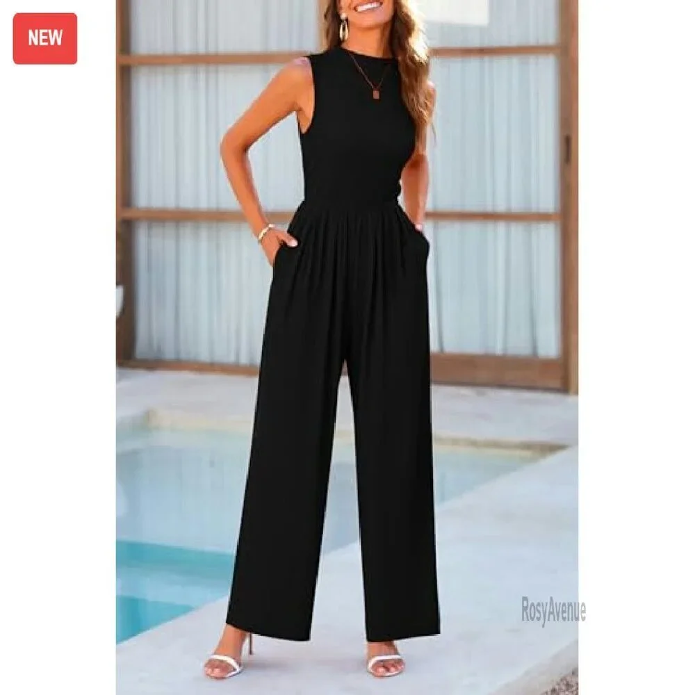 Sleeveless Mock Neck Wide Leg Jumpsuit with Pockets - Ribbed Knit